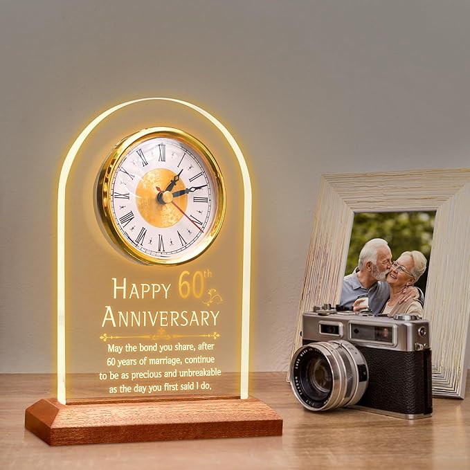 60th Anniversary Wedding Gift, Anniversary Quartz Clock, Desk Table Clock, 60 Years of Marriage, Golden Wedding for Couple, Parents, Grandparents (Wooden Base with LED Light)