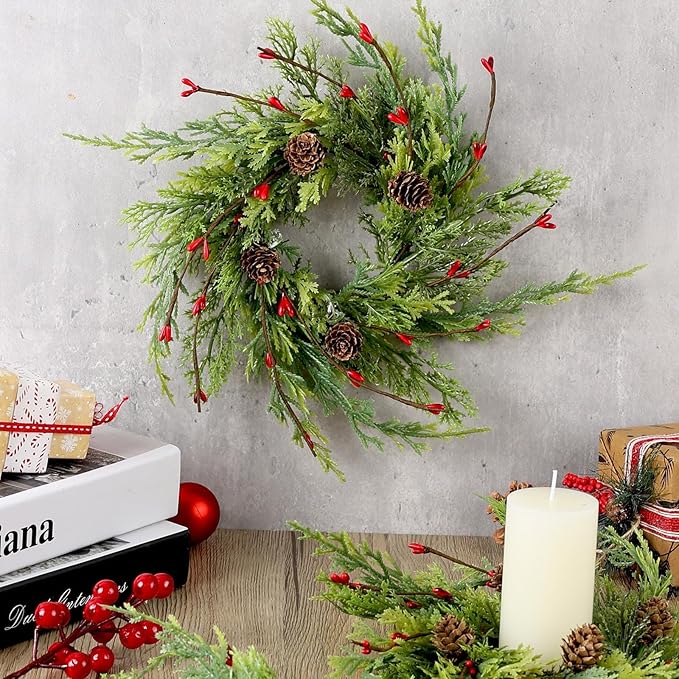 6 Pcs 9 Inch Christmas Wreaths for Kitchen Cabinet Artificial Cedar Pine Hanging Wreath with Red Berries Pine Needles for Front Door Xmas Swag Wreaths for Christmas Winter Farmhouse Home Decorations