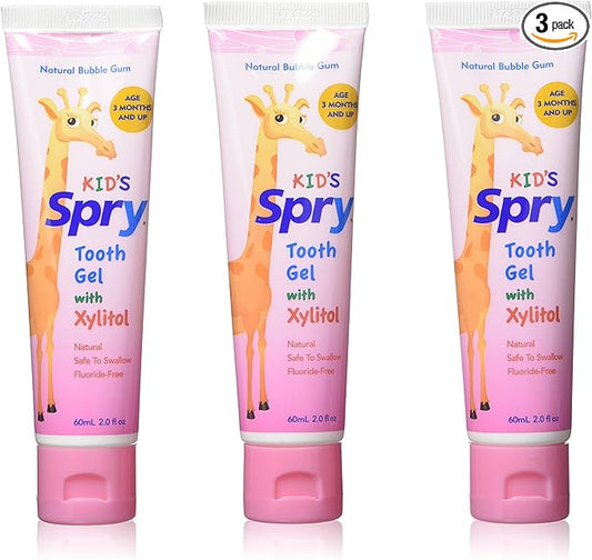 Spry Natural Xylitol Toothpaste for Baby, Toddler and Kids Age 3 Months and Up - Fluoride Free Tooth Gel, Tasty, Support Development of Emerging Teeth, Bubble Gum 2 Fl Oz (Pack of 3)