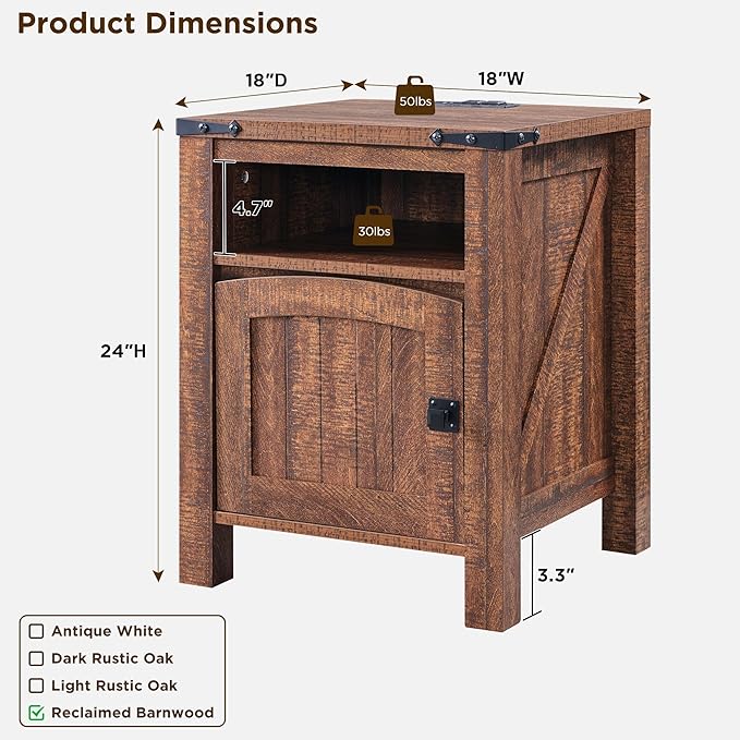 OKD Nightstand with Charging Station Set of 2, 18 Inchs Farmhouse End Table with Adjustable Storage Shelf, Rustic Wood Sofa Side Table for Living Room, Bedroom