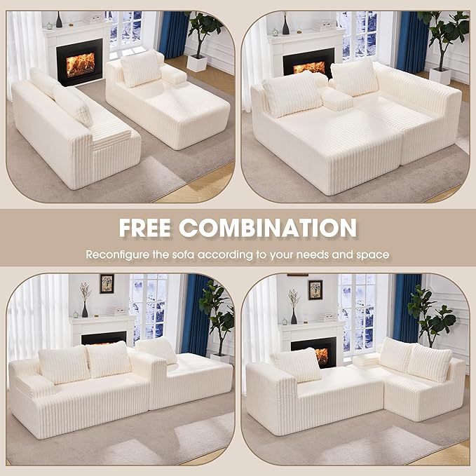 Hobestluk 96“ Modular Sectional Sofa Couches L-Shape Couch 3 Seat Modular Sofa Memory Foam Sectional Couches for Living Room, Cloud Couch with Oversized Chaise (White, Stripe (Right Facing Chaise))