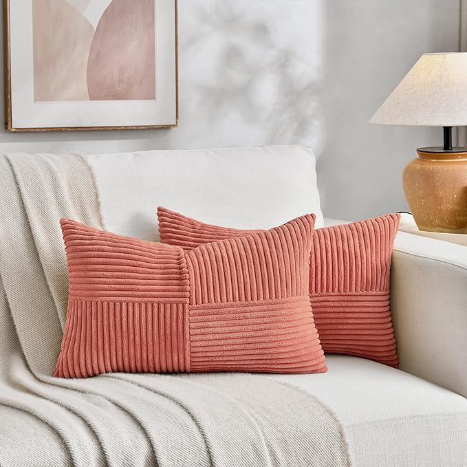 Fancy Homi 2 Packs Coral Long Lumbar Decorative Throw Pillow Covers 16x24 Inch for Couch Bed Sofa, Rustic Farmhouse Boho Home Decor, Soft Striped Corduroy Rectangle Accent Peach Cushion Case 40x60 cm