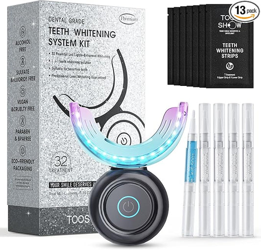 Teeth Whitening Kit for Sensitive Teeth,with 32X Waterproof LED Accelerator Light&4 Carbamide Peroxide Pen&14 Pcs Teeth Whitening Strips&1 Remineralization Pen,Tooth Whitener Professional Oral Care