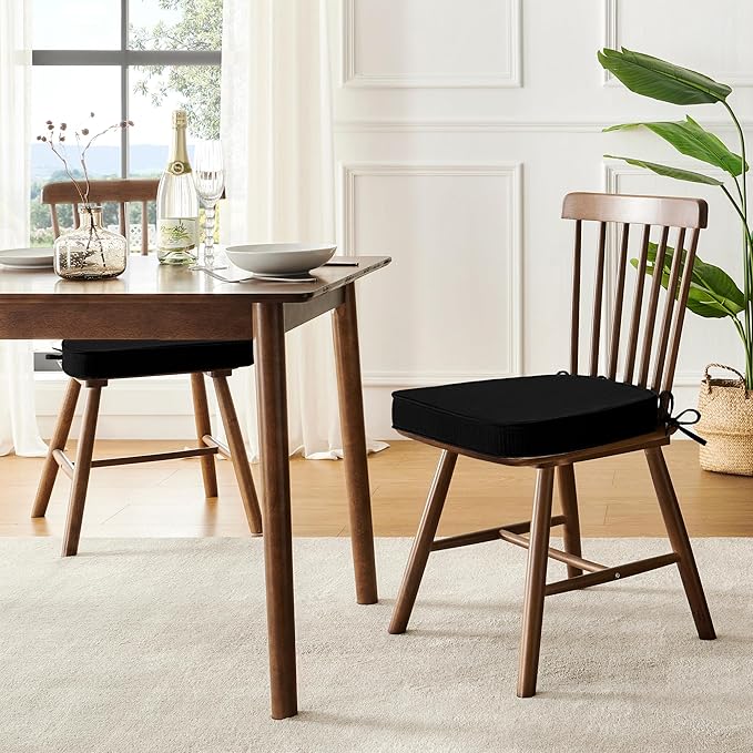 downluxe Chair Cushions for Dining Chairs, Waterproof Kitchen Chair Pads, Non-Slip Dining Seat Cushion with Ties, 17" x 16" x 2.5", Black, 4 Pack