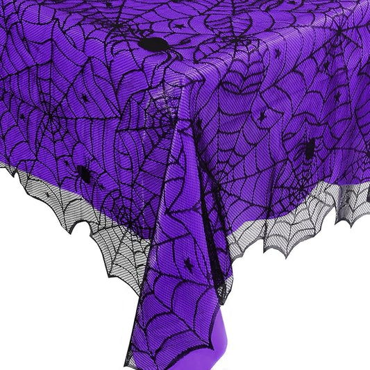 2Pcs Halloween Tablecloths, Black Lace & Purple Lined Rectangular Table Cloth, Spider Web Table Cover for Scary Halloween Decorations Indoor, 54 x 72 Inch