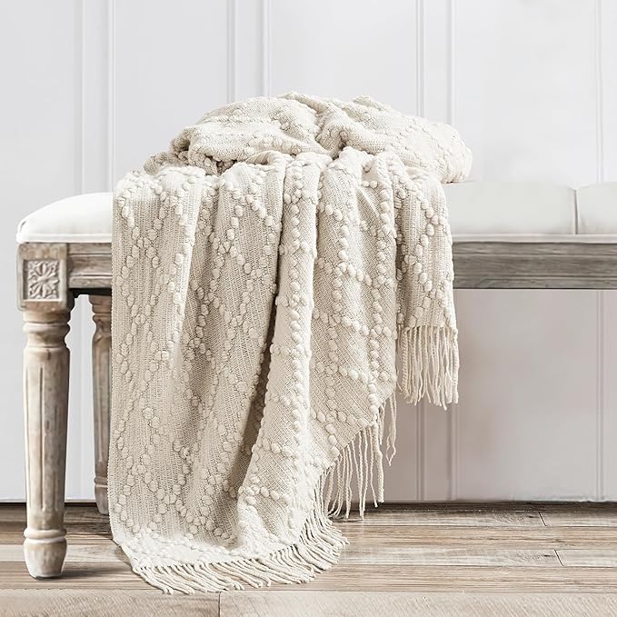 BOURINA Beige Throw Blanket 50 x70 Inches Jacquard Argyle Throw Textured Solid Soft Throws and Blankets for Sofa or Bed Knitted Decorative Blanket