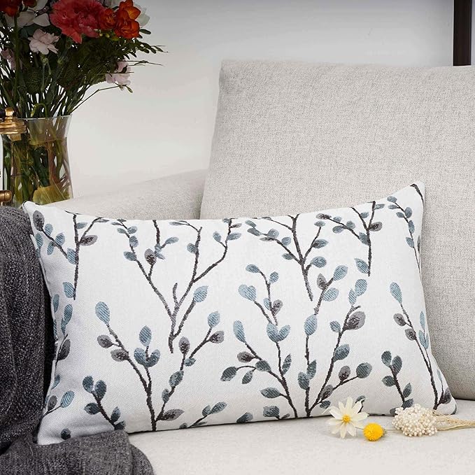 YOUR SMILE Classical Embroidery Jacquard Farmhouse Oblong Rectangle Chenille Teal Leaf Decorative Throw Pillow Case,12x20 inch