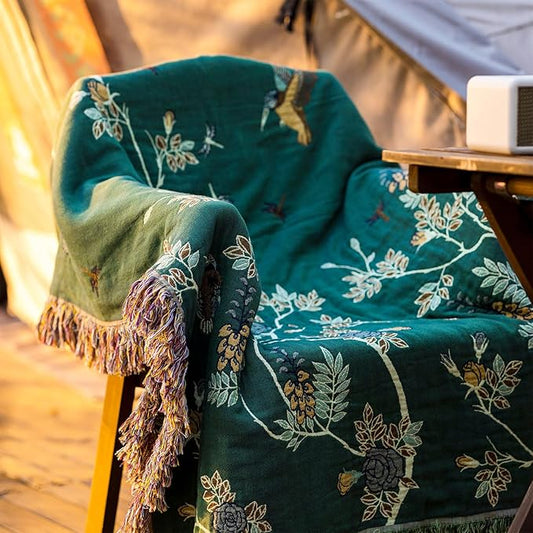 Snycler Boho Throw Blanket for Bed - 100% Cotton Ultra Soft Rustic Quilt Green Hummingbird Printed Farmhouse Decor Bed Blankets,60"×80" All Season Rustic Throw for Sofa Couch Chair