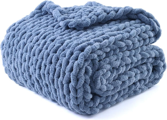 YnM Chunky Throw Blanket, Medium-Weight, Hand Knitted with Chenille Yarn, Skin Friendly, Ventilated and Breathable, Machine Washable, Home Décor Piece for Couch Sofa and Bed (Chambray Blue 40x50 Inch)