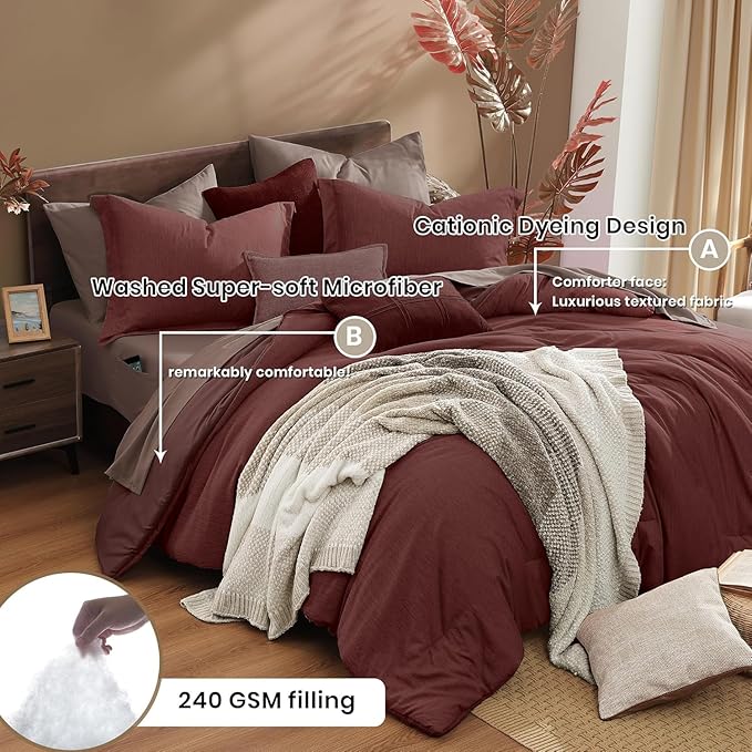 Monbix California King Comforter Set - 7 Pieces Cationic Dyeing Dark Red Bed in a Bag Cal King Bedding Sets with Comforter, Sheets, Pillowcases & Shams, Reversible Bedding Comforters Sets (108 * 92)