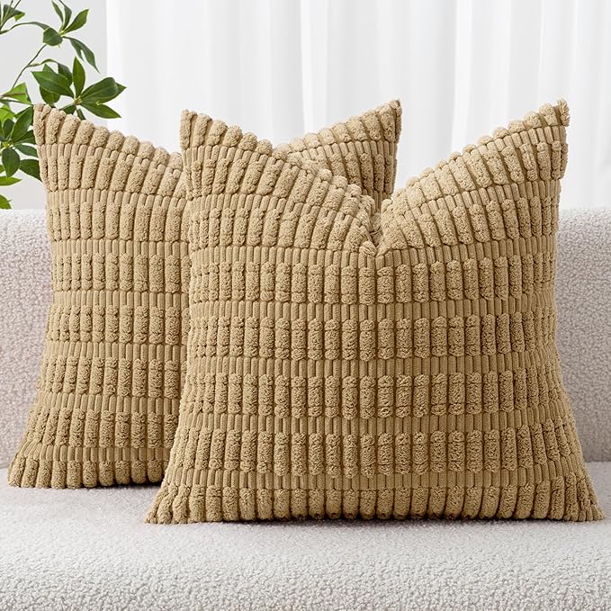 MIULEE Pack of 2 Corduroy Decorative Throw Pillow Covers 16x16 Inch Soft Boho Striped Pillow Covers Modern Farmhouse Home Decor for Sofa Living Room Couch Bed Khaki