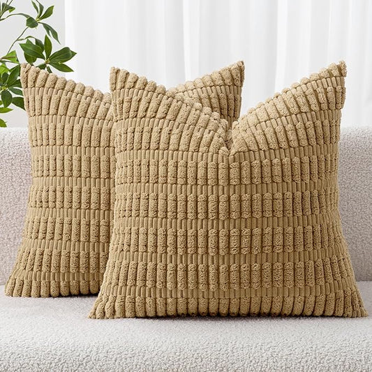 MIULEE Pack of 2 Corduroy Decorative Throw Pillow Covers 16x16 Inch Soft Boho Striped Pillow Covers Modern Farmhouse Home Decor for Sofa Living Room Couch Bed Khaki