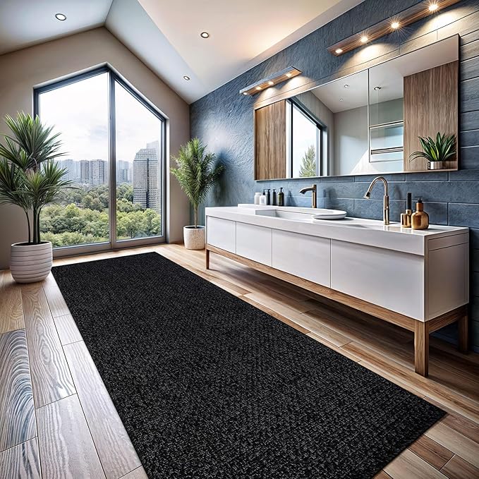 CAMILSON Indoor and Outdoor Runner Rug Dark Gray Black Solid Boho Woven Design Easy-Cleaning Non Shedding Farmhouse Living Room Bedroom Garden Patio and Kitchen Washable Outside Carpet Alfombras (2x7)
