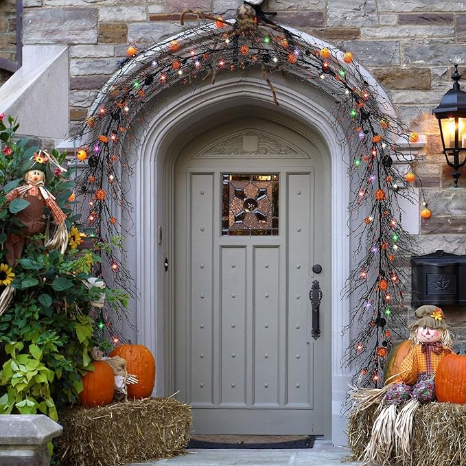 6.5 Ft Halloween Garland Black Willow Vine Decor with 9.8FT Lights Artificial Branches Berries Pumpkin Vines Halloween Realistic Garland for Home Fireplace Table Window Mantle Party Holiday Decor