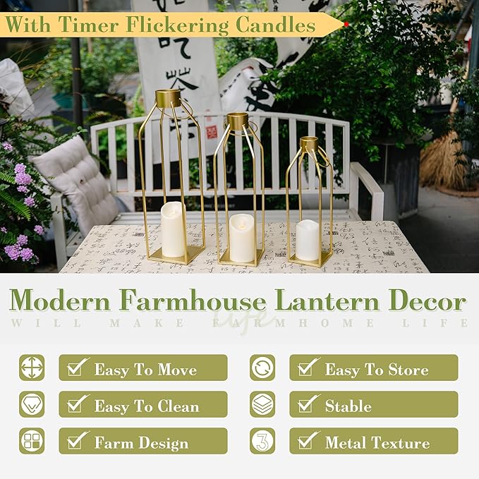HPC Decor Modern Farmhouse Lantern - 22'' 19'' Large Tall Gold Metal Candle Lanterns with Timer Flickering Candles for Living Room, Outdoor, Fireplace Mantle Decor