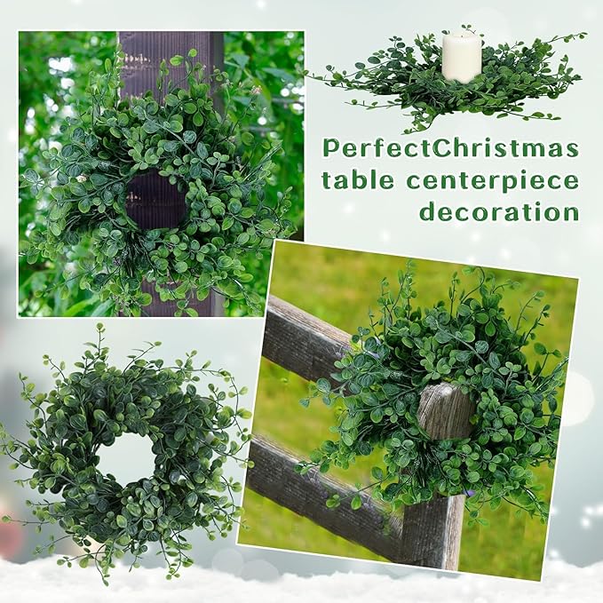 6 Pcs Mini Green Boxwood Candle Rings Wreaths Green Kitchen Cabinet Wreath 3 Inch Wedding Candle Holder for Front Door Porch Outside All Season Wedding Home Tabletop Decoration