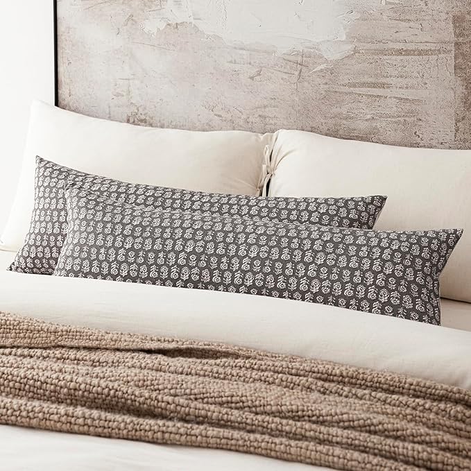 Foindtower Set of 2 Decorative Vintage Long Lumbar Throw Pillow Covers Neutral Modern Farmhouse Cushion Covers Floral Home Decor for Sofa Couch Chair Bedroom Living Room,14×36 Inch,Rustic Gray