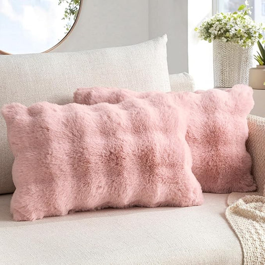MIULEE Pack of 2 Decorative Pillow Covers Thick Soft Plush Faux Fur Lumbar Throw Pillows Luxury Home Decor for Couch Bedroom Living Room Sofa,12x20 Inch Light Pink