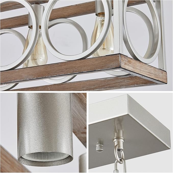 XINGQI Farmhouse Dining Room Chandeliers, Rectangle Vintage Hanging Lighting Fixtures, 4-Light Kitchen Island Lighting, Rustic Metal Chandelier Pendant Light, Antique Wood Grain XY082