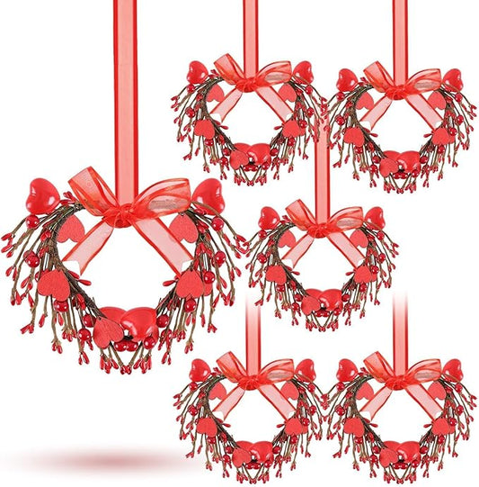 6 Pcs Valentine's Day Heart Wreath Artificial Red Berries Heart Wreath Kitchen Cabinet Wreaths Hanging Valentines Day Wreaths for Front Door Window Wedding Birthday Home Decoration