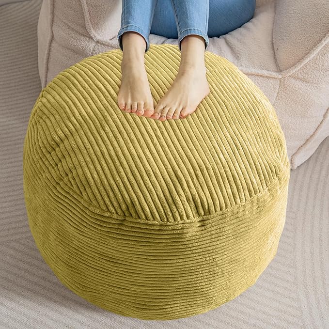 HIGOGOGO Round Stuffed Pouf Ottoman, Corduroy Poufs with Foam Chunk Filling, Furry and Fluffy Pouf Foot Stool Storage Ottoman, 26 X 18 Floor Poufs Foot Rest for Living Room, Green