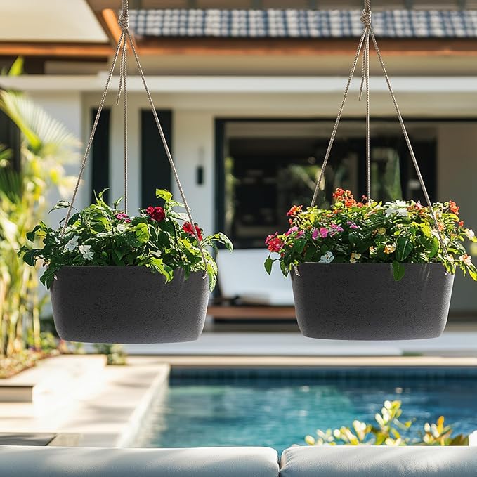 La Jolie Maison Large Hanging Planters - 12 Inch Outdoor Flower Pots, Hanging Garden Planters Set of 2, Black Charcoal