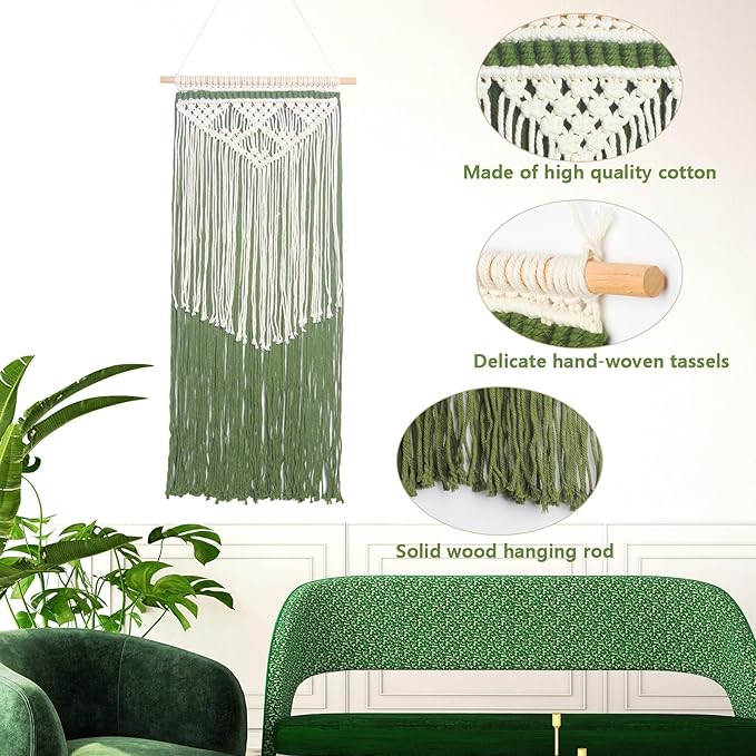 JONKASIPA Macrame Wall Hanging Bohemian Handmade Tassel Wall Art Decorations,Green Fringe Chic Home Decor for Apartment Dorm Living Room Bedroom