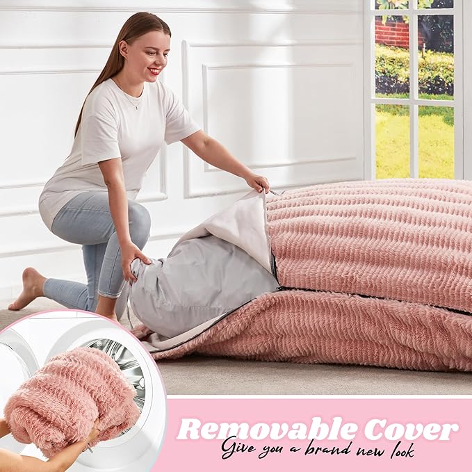 Hobestluk 3 in 1 Bean Bag Chair Giant Bean Bag Chairs for Adults with Ripple Cover Convertible Bean Bag Floor Cushion with Machine Washable Cover for Living Room (Ripple Pink)