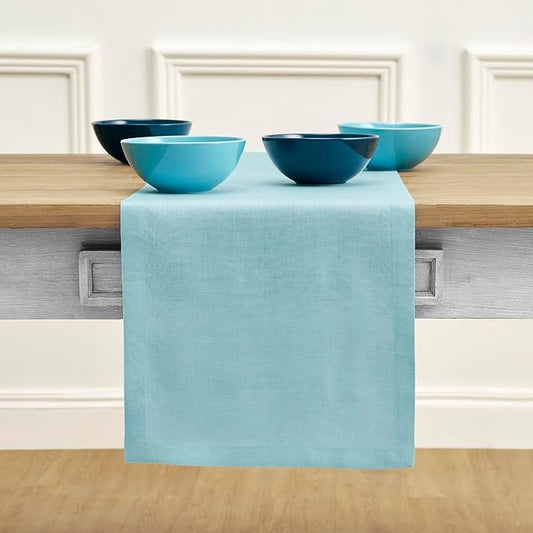 Solino Home Linen Aqua Blue Table Runner 108 Inches Long - 100% Pure Linen 14 x 108 Inch Table Runner for Dining - Fete