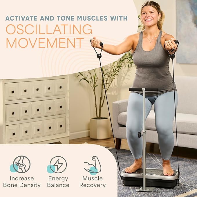 Lifepro TrimLite Vibration Plate Exercise Machine with Handlebars – Whole Body Vibration Platform for Lymphatic Drainage & Weight Loss – 99 Speed Levels, Bluetooth Speaker, Resistance Bands & Remote