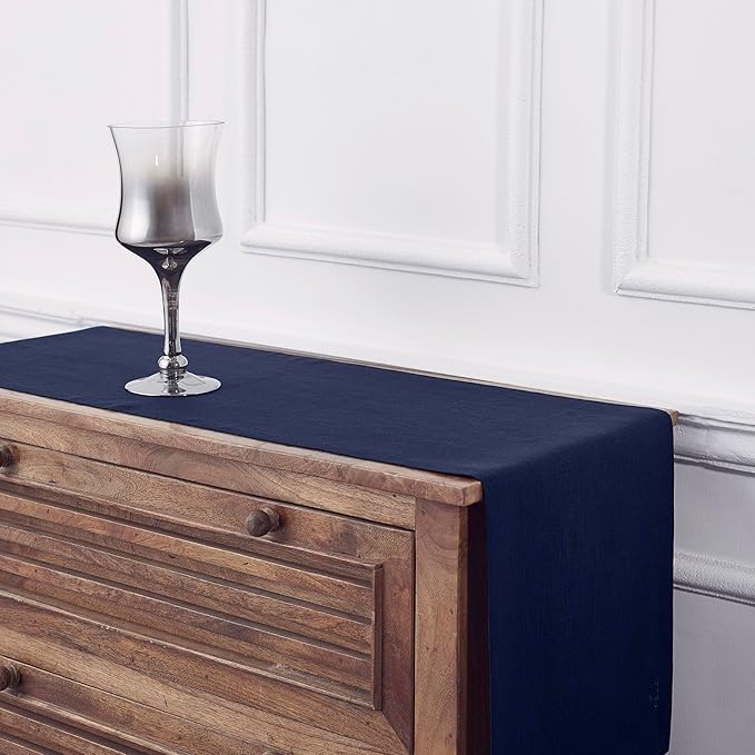Solino Home Linen Navy Table Runner 60 Inches - 100% Pure Linen Short Table Runner 14 x 60 Inch Ideal for Dresser and Coffee Tables - Fall, Autumn, Thanksgiving - Fete