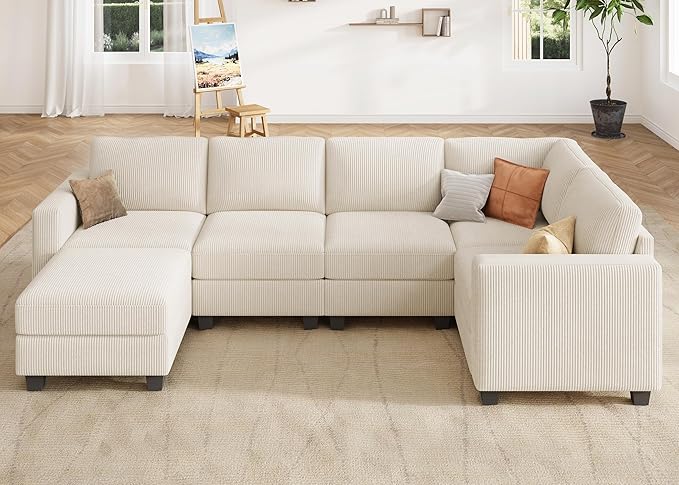 HONBAY U-Shaped Corduroy Sectional Couch with 6 Seaters Modular Sectional Sofa with Storage Ottoman Sectional Couches for Living Room, Beige