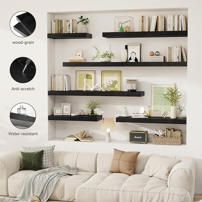 55 Inch Floating Shelves, 12" Deep Floating Shelf Wall Mounted, 55" Wall Shelves, Rustic Deep Bookshelf, Extra Deeper & Thicker Display Shelves for Bedroom, Living Room, Black, Set of 2