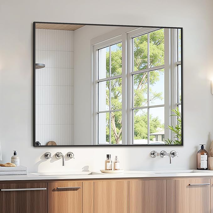 Bathroom Mirror 48" x 36", Large Rectangle Wall Mirror, Black Metal Frame Wall Mounted Mirrors for Bathroom, Vanity, Bedroom, Entryway Decor(Horizontal/Vertical)