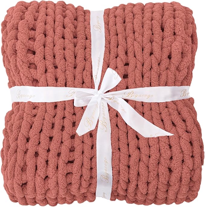 Bigacogo Chunky Knit Throw Blanket for Couch, 51x63 inches, 100% Hand Knitted with Thick Jumbo Chenille Yarn, Cozy Soft Large Rope Knot Cable Crochet Blankets for Sofa Bed Living Room, Antique Red