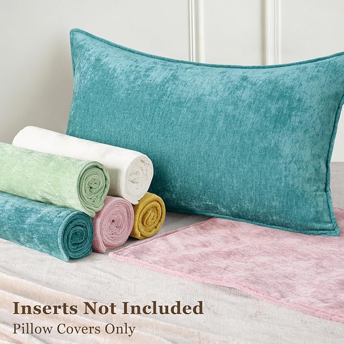 decorUhome Couch Throw Pillow Covers 12x20 Set of 2, Decorative Soft Euro Neutral Chenille Lumbar Pillow Covers with Elegant Design for Sofa Bed Living Room Home Decor, Teal