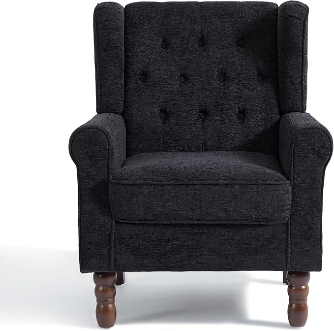 UIXE High Back Accent Chair, Upholstered Armchair in Fabric, Retro Wingback Arm Chair for Living Room, Comfy Single Sofa Bedroom Reading Seat with Solid Wood Legs - Black Blue