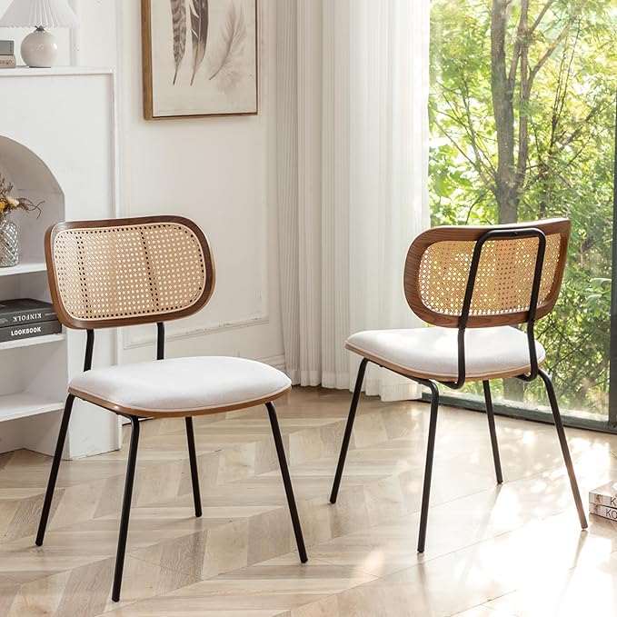 Rattan Dining Chairs Set of 2, Mid Century Modern Dining Chairs with Cane Back for Kitchen Dining Room, 19 Inch Fabric Beige