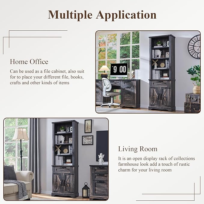 RedLemon Bookshelf with Storage Cabinet, 72" Tall Farmhouse Bookcase with Adjustable Shelves and Barn Door, 4 Tier Office Wood Bookshelf with Drawer for Office Library Living Room (Dark Rustic Oak)