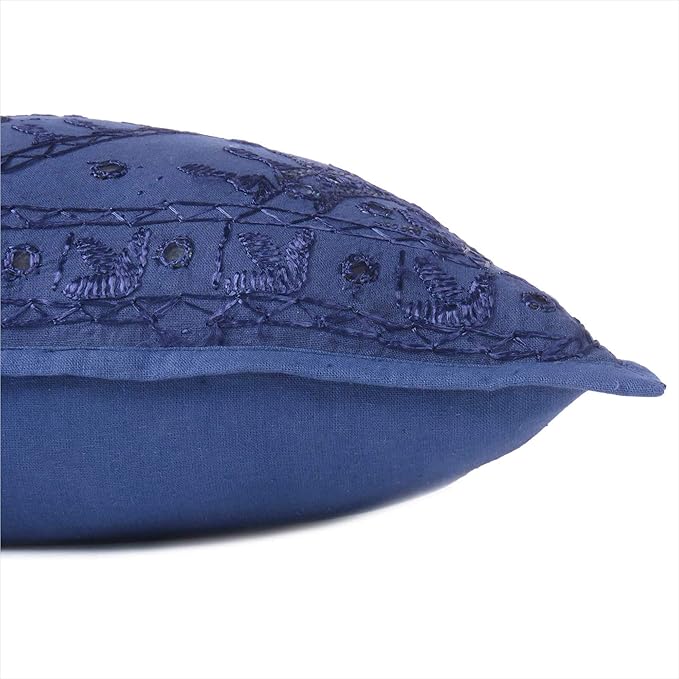 Eyes of India Embroidered Decorative Boho Throw Pillow Cover with Mirrors, Handmade Bohemian Accent Cushion Case for Sofa Couch Bedroom Living Room (Blue, 24" x 24")