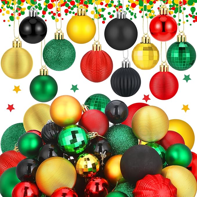 64 Pcs Black History Month Christmas Ball Ornaments Decoration Glitter Matte African American Ornament 1.6/1.97/2.4 Inch Assorted Black Red Yellow Green Xmas Baubles for Home Tree Party
