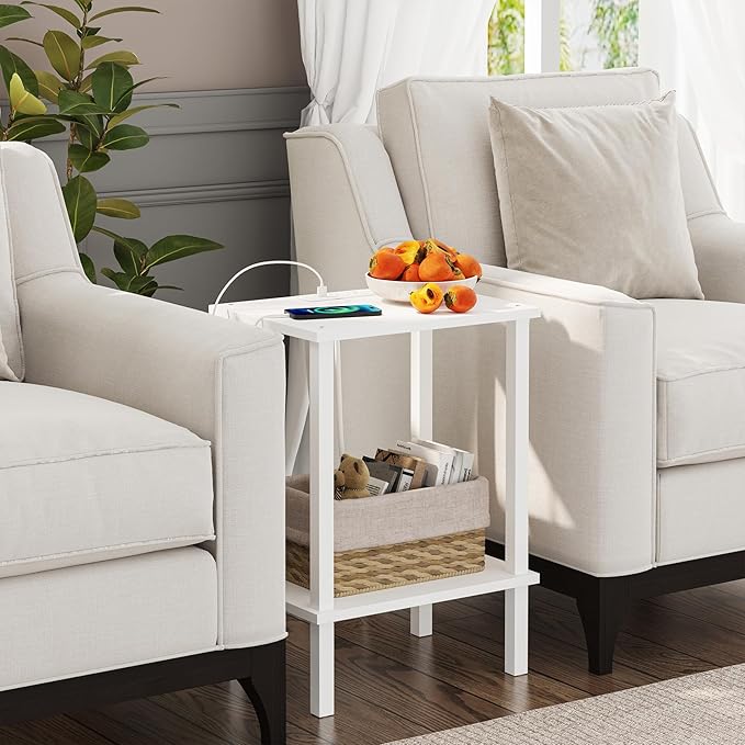 TUTOTAK End Table with Charging Station, Set of 2, Small Side Table with Outlets, Nightstand Bedside Table, 2-Tier Storage Shelf for Small Space, Living Room, Bedroom White TB01BW041