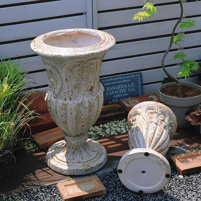 VISIBLE Vintage European Giant Garden Urn Planter, Decorative Cement and Fiber Flower Pot, Make Rust Finished, Wrap Foam Safely Delivered from Los Angeles (Vintage, Medium)