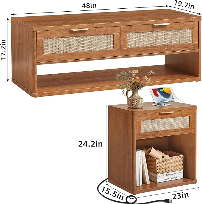 LEYAOYAO Boho Rattan Coffee Table Sets 2 Pieces, Nightstand with Charging Station and Coffee Table with Hidden Storage Compartment, Brown Living Room Table Set, Wood Furniture Sets for Home Office