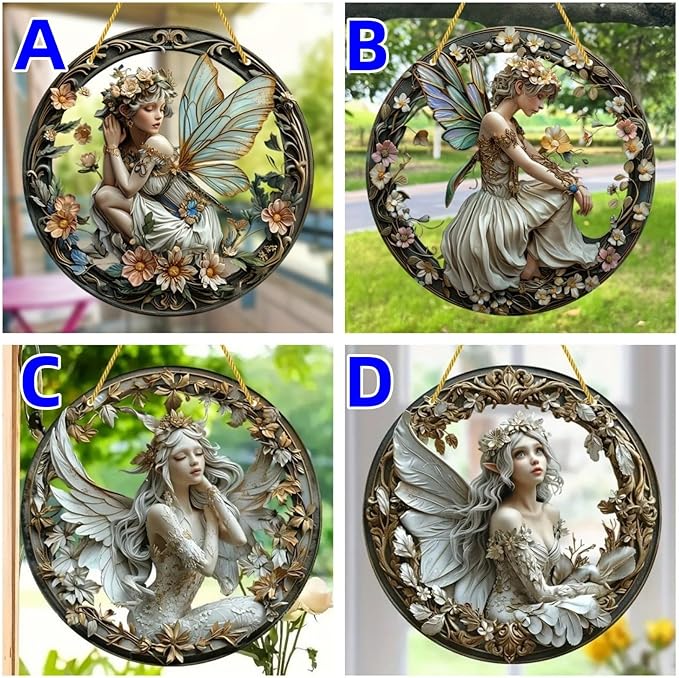 Flower Fairy Garden Decorations Angel Wing Christmas Halloween Deco Statue Art Elf Sculpture Hanging Craft for Outdoor Yard Courtyard Lawn Patio Window Acrylic Ornament Home Gift (A,S: 6*6 IN)