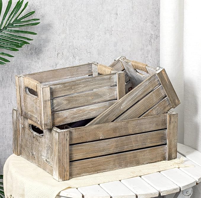 TIMRIS Set of 3 Rustic Wood Nesting Crates, Farmhouse Wooden Storage Container Boxes with Cutout Handles, Decorative Wooden Baskets for Display (Rustic Gray)