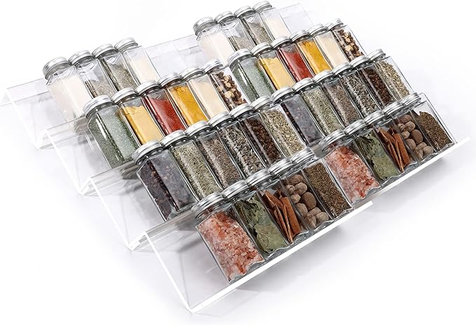 MIUKAA Clear Acrylic Spice Drawer Organizer, 4 Tier- 2 Set Expandable From 13" to 26" Drawer Seasoning Organizer, Kitchen Spice Rack Tray for Drawer/Countertop (Jars not included)