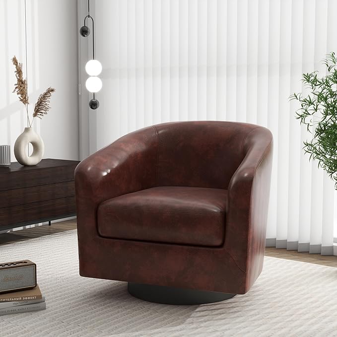 Swivel Barrel Accent Chair, Modern Round Faux Leather Arm Chair for Living Room, Bedroom, Comfy Club Reading Chairs for Adults(Faux Leather, Red Brown, Set of 1)