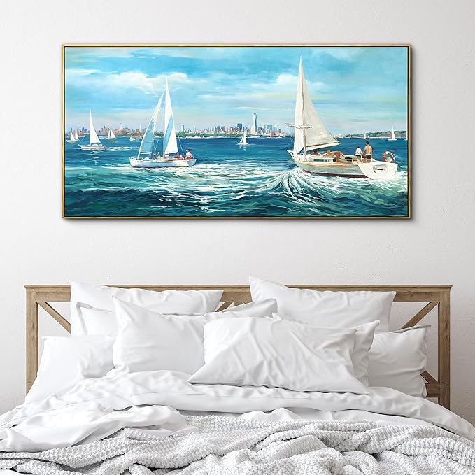 XLSJERST Blue Canvas Wall Art Seascape Painting - Landscape Picture Textured Navy Modern Sailboat Ocean Artwork Framed for Living Room Bedroom Bathroom Home Office Wall Decor Large Size 20"x40"