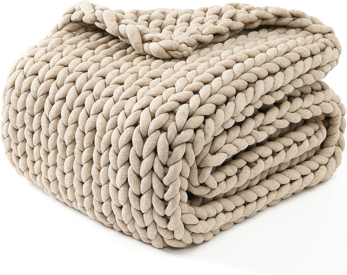 YnM Chunky Throw Blanket, Medium-Weight, Hand Knitted, Skin Friendly, Ventilated and Breathable, Machine Washable, Home Décor Piece for Couch, Sofa and Bed (Beige, 60x80 Inch)